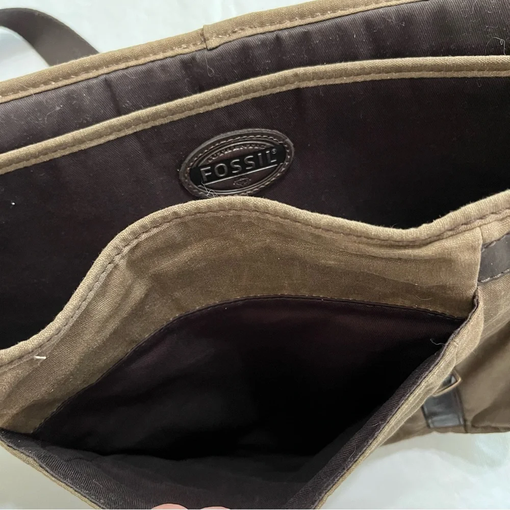 Fossil Olive Canvas Messenger with Dark Brown Leather Trim